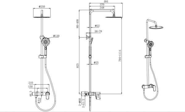 Душевая система Aquatek Вега 794-1114 мм цвет матовый черный, комплект: однорычажный смеситель/тропический душ (с верхней лейкой)/стойка/лейка/шланг, настенный монтаж