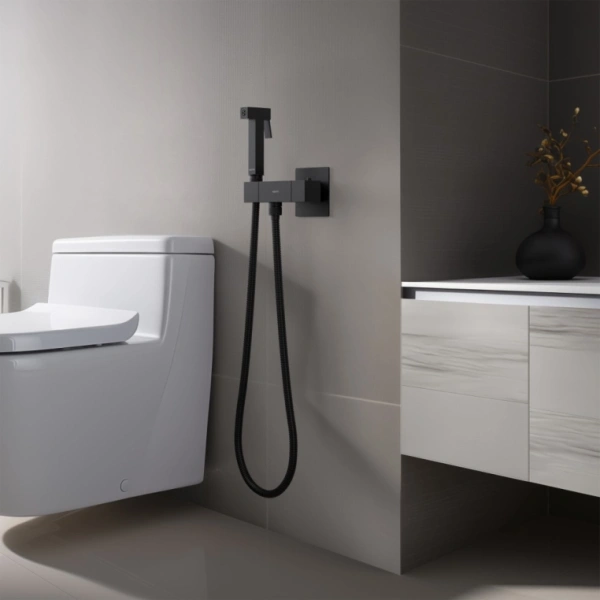 Смеситель термостатический с гигиеническим душем Aquatek Либра встраиваемый, однорычажный, без излива, с гибким шлангом/лейкой, латунь, цвет матовый черный