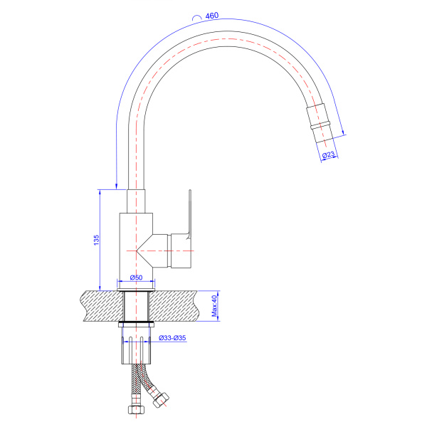 Смеситель для кухни/мойки AQUEDUC однорычажный, поворотный/гибкий, керамический, длина излива 180 мм, высота 250 мм, латунь, цвет хром/черный 345387