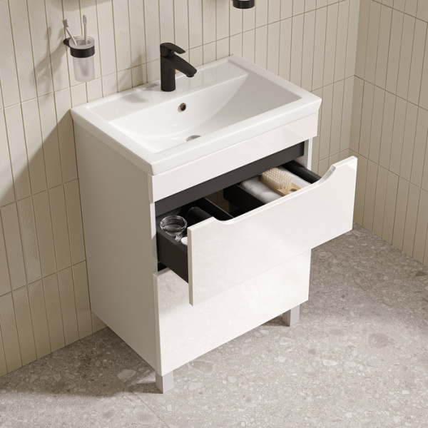 Тумба c раковиной IDDIS Ray, 610х407х835 мм, напольная, 2 выдвижных ящика, МДФ/раковина накладная, прямоугольная, цвет белый, санфарфор, отверстие под смеситель RAY60WFi95K
