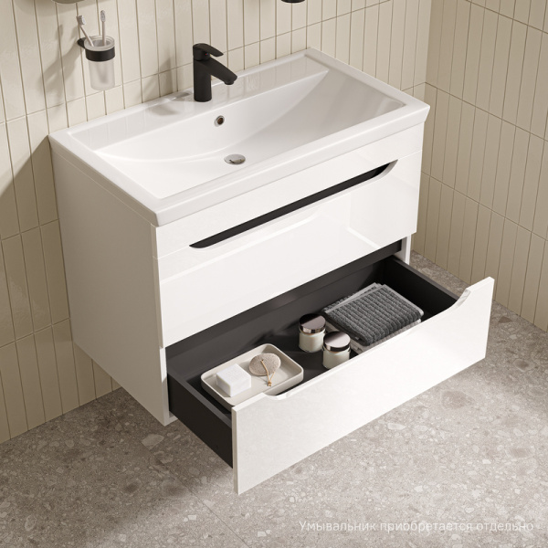 Тумба под раковину IDDIS Ray, 784х441х570 мм, подвесная, 2 выдвижных ящика, МДФ, цвет белый глянцевый, система плавного закрывания, прямоугольная, универсальная, в ванную комнату RAY80W0i95