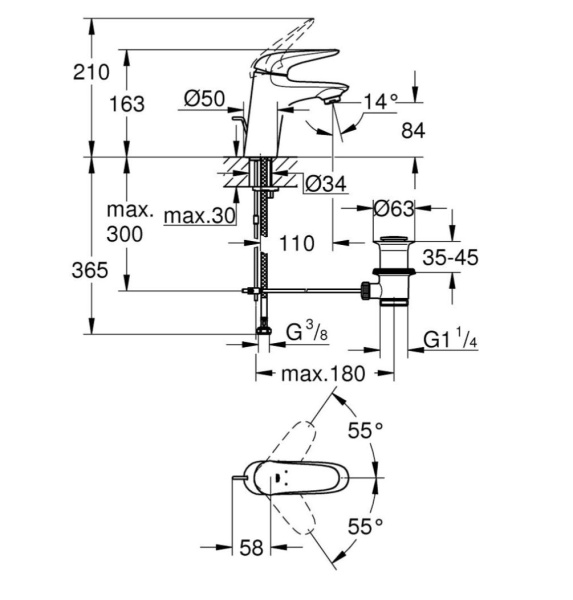 Смеситель для раковины Grohe Eurostyle New однорычажный, излив короткий, длина 110 мм, керамический, латунь, цвет хром, с донным клапаном