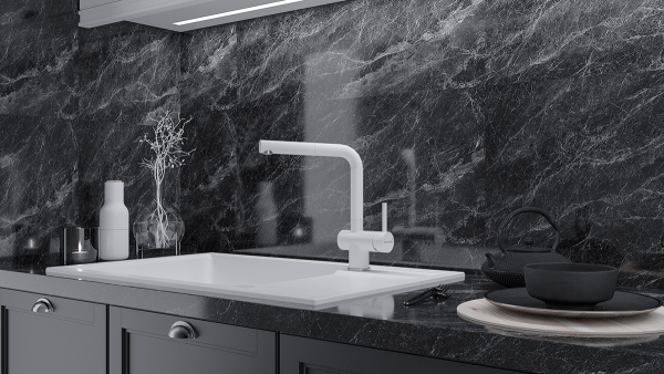 Смеситель для кухни/мойки Paulmark Dosse, однорычажный, поворотный, керамический картридж, высокий, выдвижной излив, длина излива 202 мм, нержавеющая сталь, цвет белый матовый