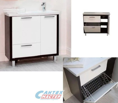 Тумба Акватон Брайтон 80 венге с раковиной Tigo 80 бельевая корзина