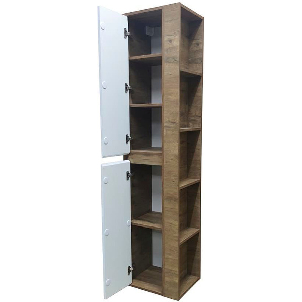 Пенал Эстет Monaco Wood 35, 350х1747х350 мм, подвесной, (правый), 2 распашные дверцы/открытые полки, в ванную комнату, цвет белый/дуб рустикальный, влагостойкий, правосторонний