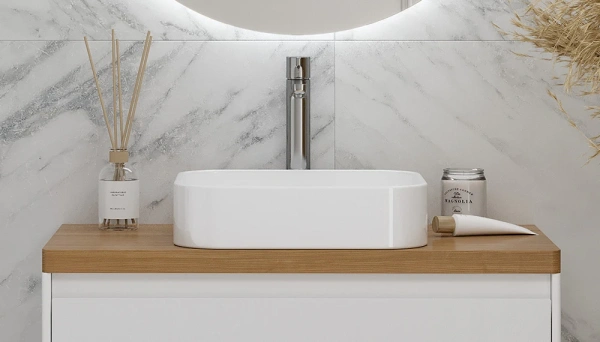 Столешница Velvex Klaufs 900 без отверстий, 887х453х39 мм, ДСП, прямоугольная, цвет дуб французский (шатане), для накладной раковины/умывальника