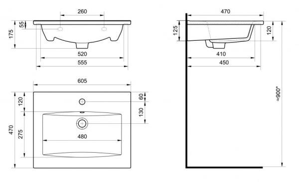 Раковина Santek Элина-60 60х17х47 встраиваемая, прямоугольная, керамическая/фарфоровая, цвет белый, с отверстием под смеситель, 1WH501606