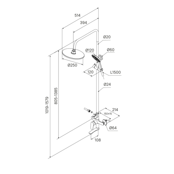 Душевая система настенная Milardo Rora от 1019-1579 мм цвет графит, однорычажный смеситель, излив поворотный 149 мм, тропический душ/лейка/стойка/шланг RORGM4FM06