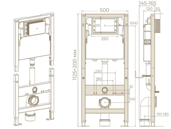 Инсталляция Knotlor Reflection без клавиши (конпки) смыва, система для подвесного унитаза, со скрытым смывным бачком (бак), комплект, размеры рамы (каркас) 500х1325х120 мм, скрытая