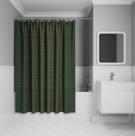 Шторка Iddis Base полиэстер, цвет зеленый с геометричным золотым узором, 2000x2400 мм покрытие водоотталкивающее BG06P24i11