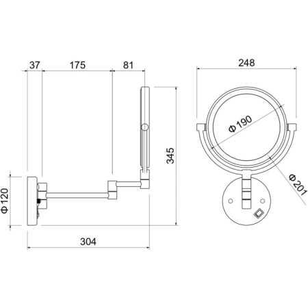 Зеркало Aquatek AQ4912BGM косметическое, круглое, настенное, увеличение x 5, с подсветкой, двустороннее, телескопическое, цвет оружейная сталь, латунь