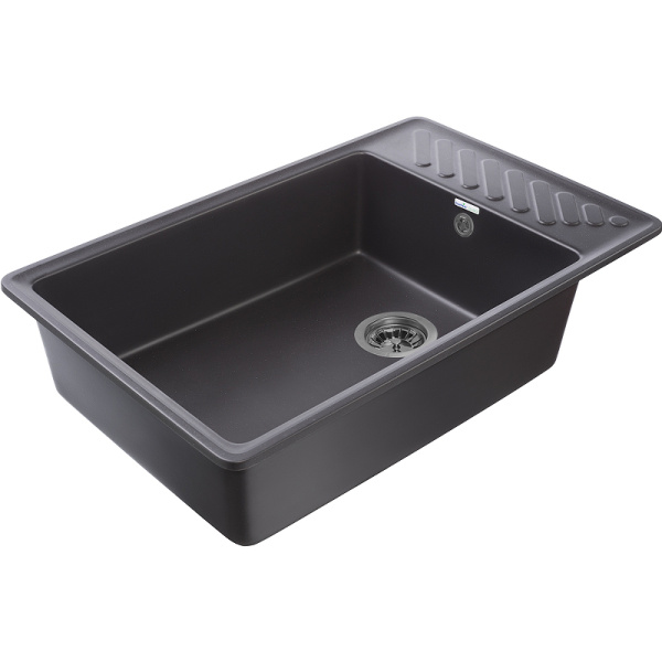 Мойка GranFest QUARZ 51, 75,3х47,6 см, врезная, кварц, прямоугольная, цвет черный, без отверстия под смеситель, слив-перелив, с крылом, оборачиваемая, для кухни