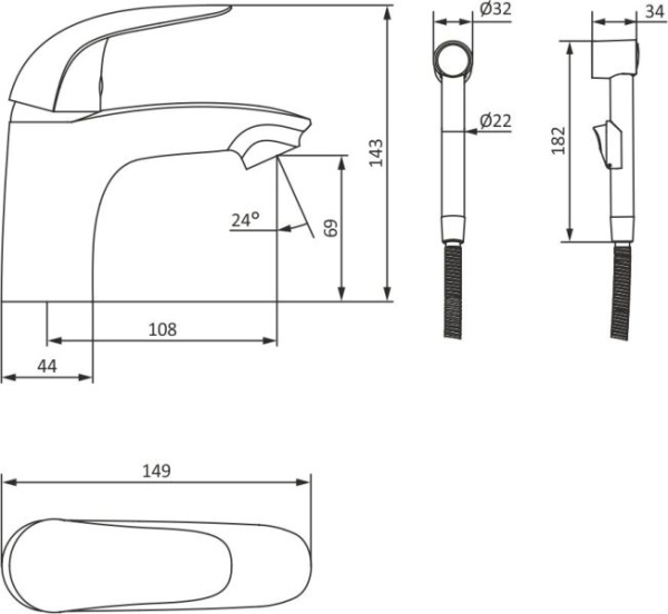 Смеситель для раковины/умывальника Damixa Jupiter, с гигиеническим душем, однорычажный, поворотный, керамический, длина излива 155 мм, латунь, цвет хром
