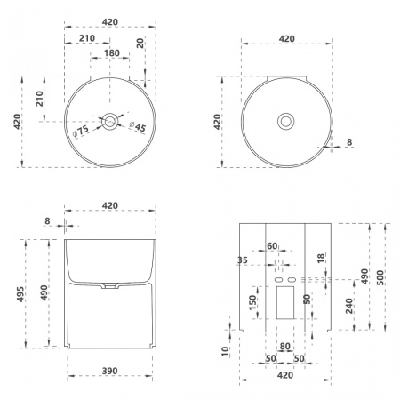Раковина ABBER Kristall, 42х42х50 см, подвесная, из полиэфирной смолы, круглая, цвет прозрачный черный, без отверстия под смеситель, без слива-перелива
