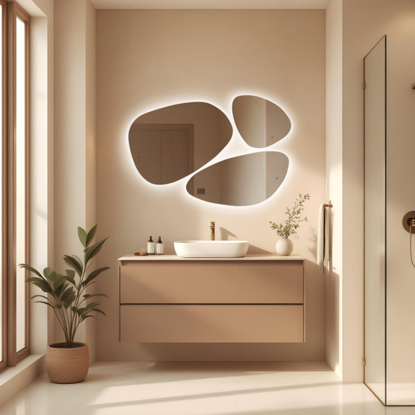 Зеркало Abber Teil 109,8х110,5 см с LED/ЛЕД-подсветкой, нестандартное, бесконтактный выключатель, диммер, для ванны, навесное/подвесное/настенное