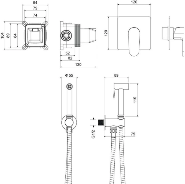 Смеситель с гигиеническим душем Aquatek Оберон встраиваемый, однорычажный, керамический, без излива, с гибким шлангом/лейкой, латунь, цвет хром