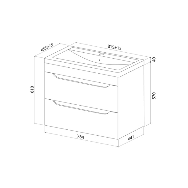 Тумба c раковиной IDDIS Ray, 815х455х610 мм, подвесная, 2 выдвижных ящика, МДФ/санфарфор, раковина накладная, прямоугольная, цвет белый глянцевый, отверстие под смеситель RAY80W0i95K