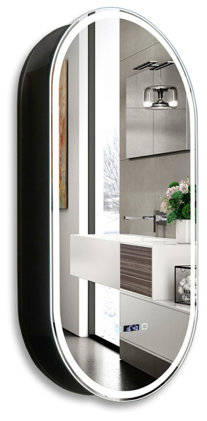 Зеркальный шкаф Silver Мirrors Soho, 50х100 см, навесной, цвет черный, зеркало с подсветкой LED/ЛЭД, сенсорный выключатель с функцией диммера, ЖК-часы, подогрев, с 1 распашной дверцей/одностворчатый