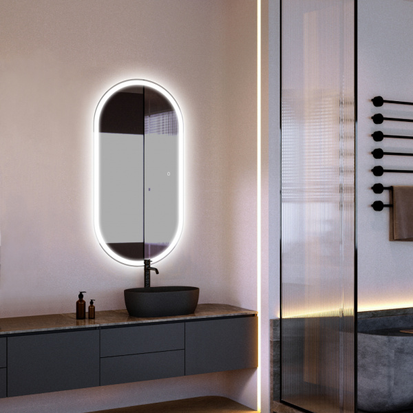 Зеркало Abber Kontur 50х100 см, с LED/ЛЕД-подсветкой, цвет рамы: белый, овальное, сенсорный выключатель, диммер, монтаж горизонтальный/вертикальный, для ванны, навесное/подвесное/настенное