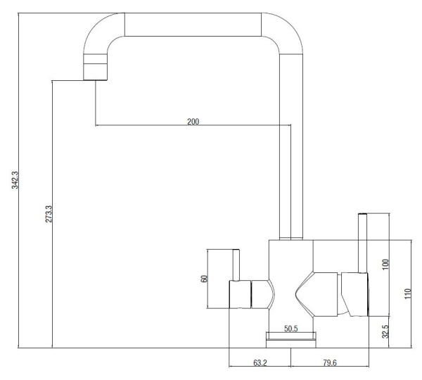 Смеситель для кухни/мойки Voda Kitchen FW519GM с каналом для фильтрованной воды, двухрычажный, поворотный, керамический картридж, излив 200 мм, высота излива 273,3 мм PPA, цвет темно-серый