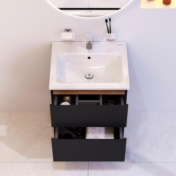 Тумба под раковину AM.PM X-Joy 55, 525x445x600 мм, подвесная, цвет черный матовый, 2 выдвижных ящика, под раковину/умывальник, прямоугольная, правая/левая, универсальная