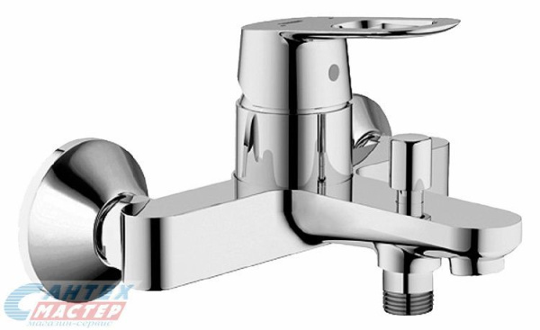 Смеситель для ванны/душа Grohe BauLoop однорычажный, керамический, настенный, излив фиксированный 166 мм, латунь, цвет хром, короткий, универсальный, горизонтальный, рычажный, кран, комплект, сантехника, размер, характеристики, высота, расстояние