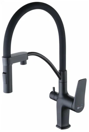 Смеситель для кухни/мойки Lemark Bronx, с подключением к фильтру с питьевой водой, однорычажный, поворотный/гибкий, керамический, длина излива 227 мм, латунь, цвет черный/розовое золото