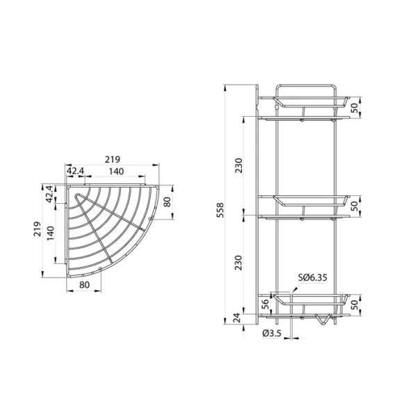 Полка трехъярусная Milardo Grid угловая, 219х219х558 мм проволока стальная, цвет хром GRICC3CM44