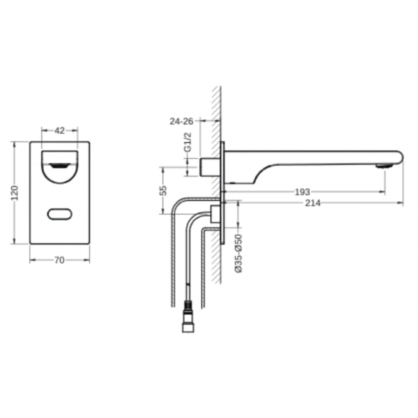 Смеситель для раковины/умывальника Aquatek Лира сенсорный, настенный, неповоротный, длина излива 193 мм, латунь, цвет хром, от сети 220В или батарей 4×1. 5V AA, с предустановленной температурой