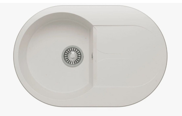 Мойка Polygran Atol-760 76х50х21.6 см, врезная, с правым/левым крылом, из искусственного камня, овальная, цвет белый хлопок, без отверстия под смеситель, слив-перелив, с сифоном, для кухни