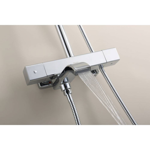 Душевая система Raglo R22.26 с термостатом, высота 1130-1480 мм цвет хром, комплект: термостатический смеситель/излив/тропический душ прямоугольный (с верхней лейкой)/лейка/стойка/шланг, латунь