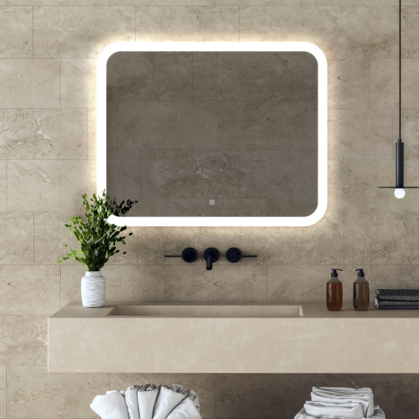 Зеркало Abber See 100х80 см, с LED/ЛЕД-подсветкой, прямоугольное, сенсорный выключатель, диммер, для ванны, навесное/подвесное/настенное