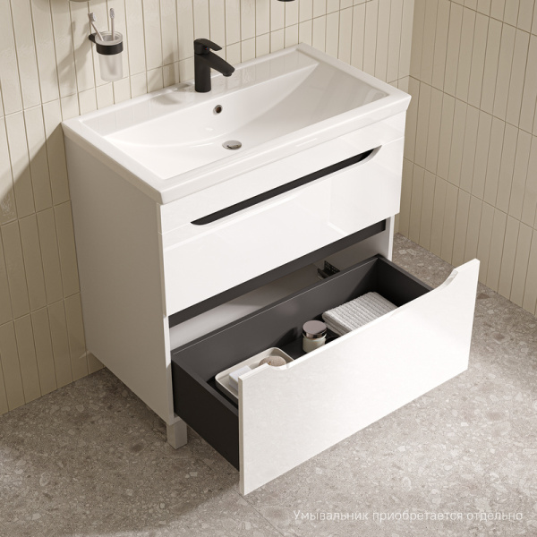 Тумба под раковину IDDIS Ray, 784х441х795 мм, напольная, 2 выдвижных ящика, МДФ, цвет белый глянцевый, система плавного закрывания, прямоугольная, универсальная, в ванную комнату RAY80WFi95