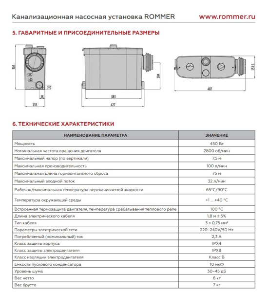 Канализационная насосная установка ROMMER BIOLIFT R-4S, выход сбоку 1х100 мм/3х40 мм, цвет белый, мощность 450 Вт, для унитаза, раковины, душевой кабины + 1 дополнительные вход