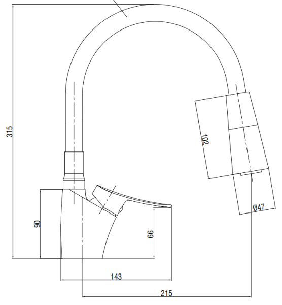 Смеситель для кухни/мойки Voda Kitchen однорычажный, поворотный/гибкий излив, керамический, длина 215 мм, полимерный сплав, цвет темно-серый/хром