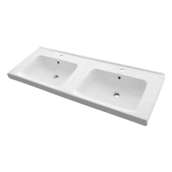 Тумба с раковиной Comforty Дуэт 125, 125х60х47 см, подвесная, 4 распашные дверцы, ЛДСП/МДФ, прямоугольная, цвет- дуб тёмно-коричневый/раковина Гармония 125, двойная, прямоугольная, цвет белый, встраиваемая