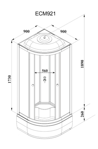 Душевая кабина Parly Classic 90х90х215 см ECM921  поддон средний, четверть круга, угловая, стекло тонированное, заднее черное, (без гидромассажа), с крышей, профиль белый