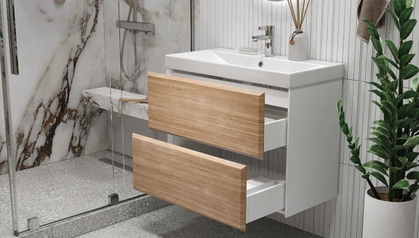 Тумба под раковину Velvex Gesso 800-0-2, 796х390х592 мм подвесная, цвет белый матовый/дуб сонома, 2 выдвижных ящика, подходит раковина 9696-80, универсальная, в ванную комнату