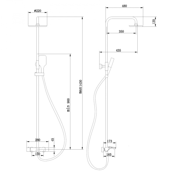 Душевая система ABBER Thermostat наружного монтажа, высота 900-1430 мм, цвет никель, комплект: смеситель термостатический/излив/тропический душ (с верхней лейкой)/стойка/лейка/шланг, латунь AF8516NGL