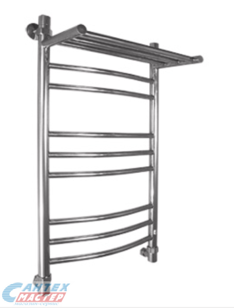 Полотенцесушитель 800х400 мм Energy Prestige modus водяной. 3/4" дюйма, с полкой (полочкой), нижнее подключение, из нержавеющей стали, форма лесенка дугой, настенный, цвет хром, для ванны, вертикальный, к стояку горячей воды