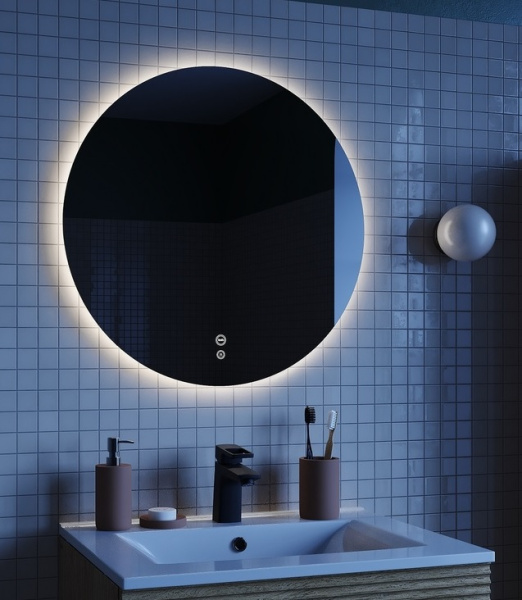Зеркало IDDIS Bild, 60х60х3 см с LED/ЛЕД-подсветкой, с антизапотеванием, выключатель сенсорный, для ванны, навесное/подвесное/настенное, круглое