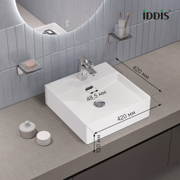 Раковина IDDIS Bild 42х42х13 см, накладная/подвесная, квадратная, сантехнический фарфор, цвет белый глянцевый, отверстие под смеситель, слив-перелив, умывальник BILWS42i27