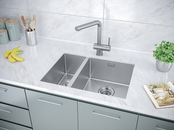 Мойка кухонная Paulmark ANNEX R, 59х44х20 см, две чаши, врезная, нержавеющая сталь, прямоугольная, цвет брашированная сталь, без отверстия под смеситель, без крыла, слив-перелив, врезная в столещницу, для кухни