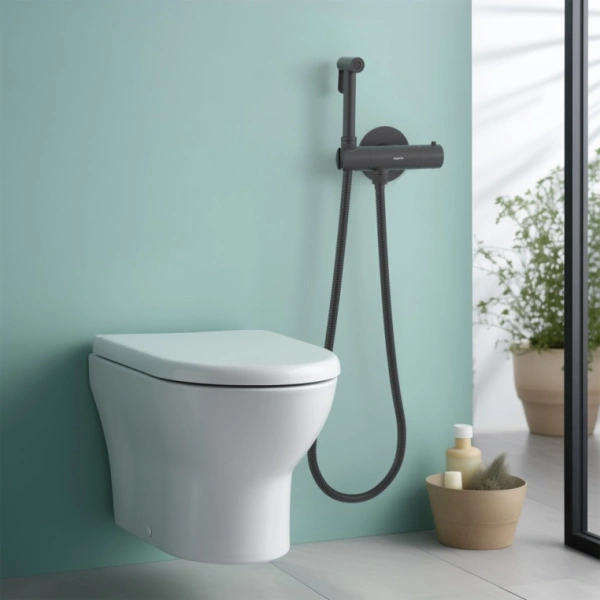 Смеситель термостатический с гигиеническим душем Aquatek Оберон встраиваемый, однорычажный, без излива, с гибким шлангом/лейкой, латунь, цвет матовый черный