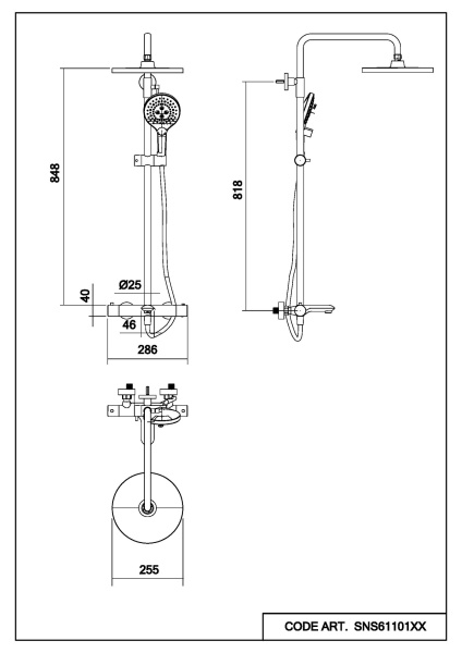 Душевая система Abelsberg Perfecta с термостатом, высота 900−1300 мм цвет космическая сталь, комплект: смеситель/излив/тропический душ округлый (с верхней лейкой)/лейка/стойка/шланг, латунь/ABS-пластик