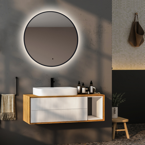 Зеркало Abber Mond 77х77 см, с LED/ЛЕД-подсветкой, круглое, бесконтактный выключатель, диммер, черный, для ванны, навесное/подвесное/настенное