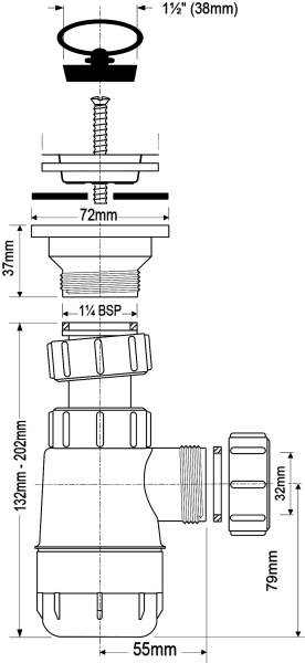 Сифон бутылочный McAlpine 1 1/4""x32 мм, с выпуском 60 мм, нерж. решетка  с пробкой,  для раковины, мойки арт. MRW2L