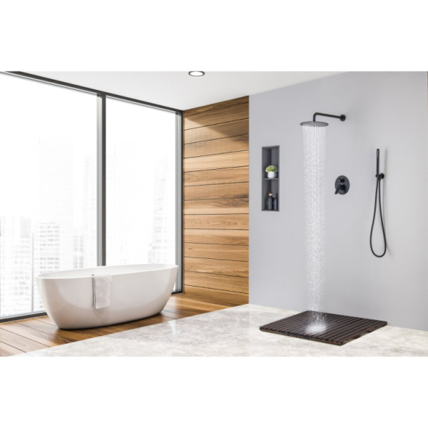 Душевая система Aquatek Бетта 3 в 1 встраиваемая, цвет матовый черный, комплект: смеситель/тропический душ (с верхней лейкой)/лейка/шланг, латунь, скрытого монтажа