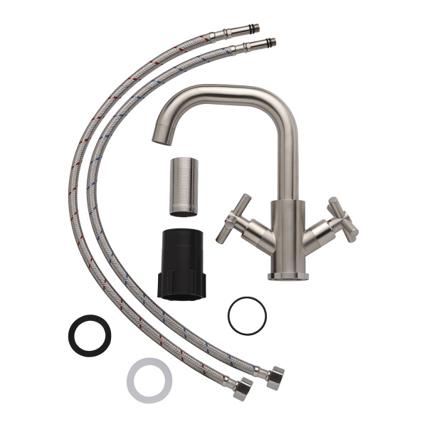 Смеситель для раковины AQUEDUC двухвентильный, излив короткий, длина 112 мм, поворотный, керамический, нержавеющая сталь, цвет сталь, без донного клапана 345729