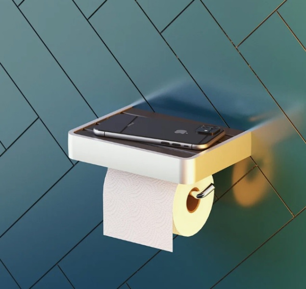 Держатель для туалетной бумаги Damixa Jupiter (черный/хром) с полкой настенный, алюминиевый, для туалета/ванной, на стенку, высота, размеры, универсальный, стандартный, хром, сантехника (Дамикса)